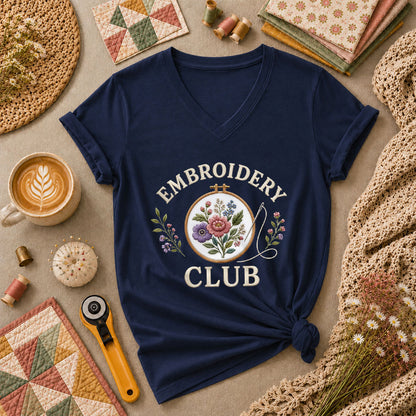 Embroidery Club Floral Hoop Botanical Women's V-Neck - Navy