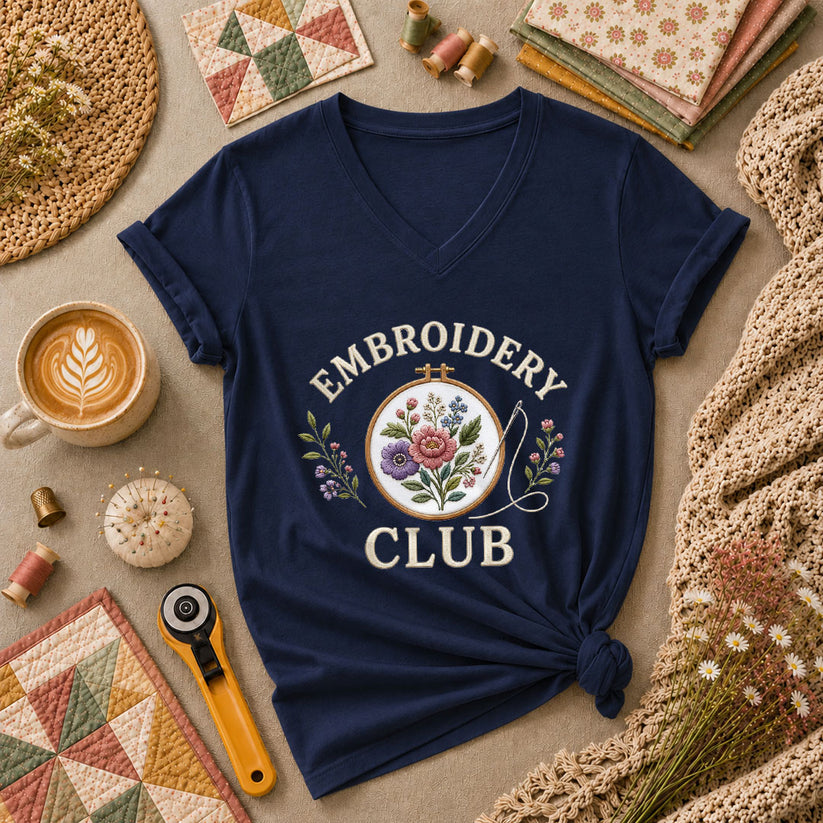 Embroidery Club Floral Hoop Botanical Women's V-Neck - Navy