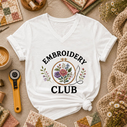 Embroidery Club Floral Hoop Botanical Women's V-Neck - White