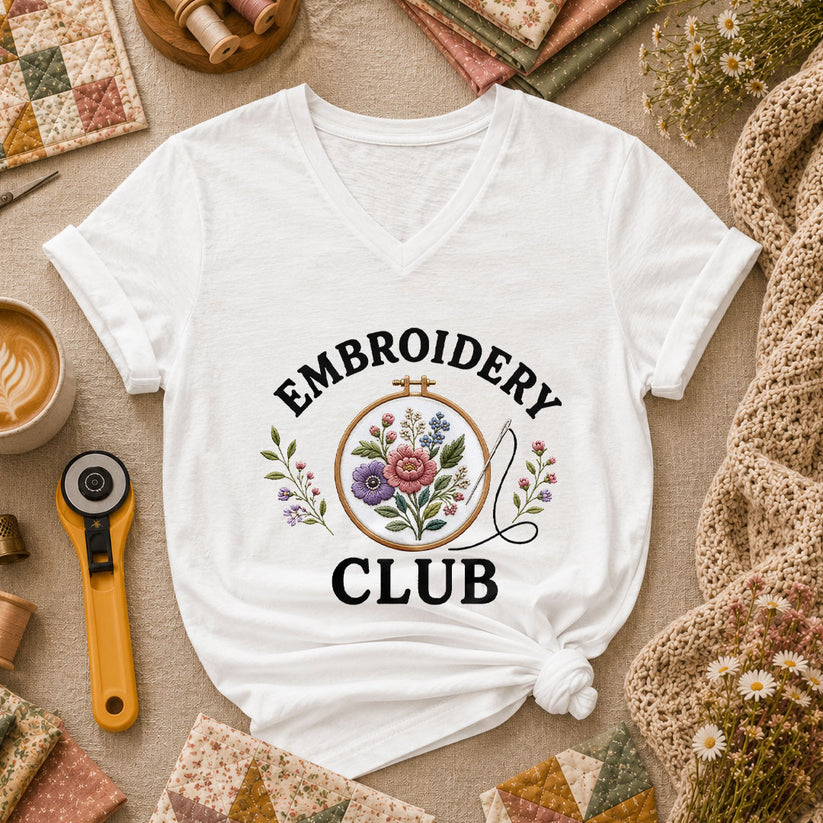 Embroidery Club Floral Hoop Botanical Women's V-Neck - White