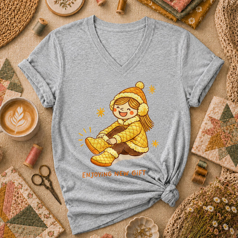 Enjoying New Gift Yellow Girl Women's V-Neck - Sport Grey