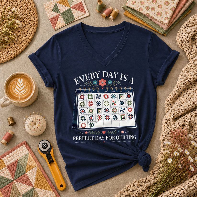 Every Day Is A Perfect Day For Quilting Calendar Women's V-Neck - Navy