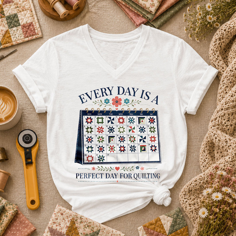 Every Day Is A Perfect Day For Quilting Calendar Women's V-Neck - White