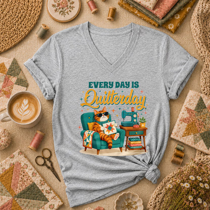 Every Day Is Quilterday Cat Sewing Machine Women's V-Neck - Athletic Heather