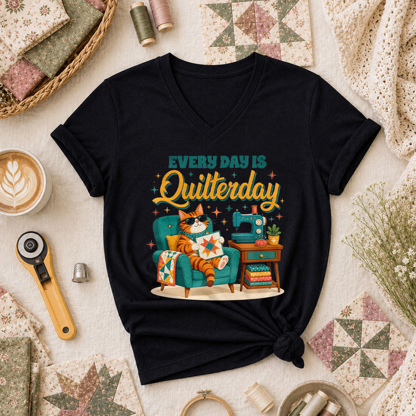 Every Day Is Quilterday Cat Sewing Machine Women's V-Neck - Black