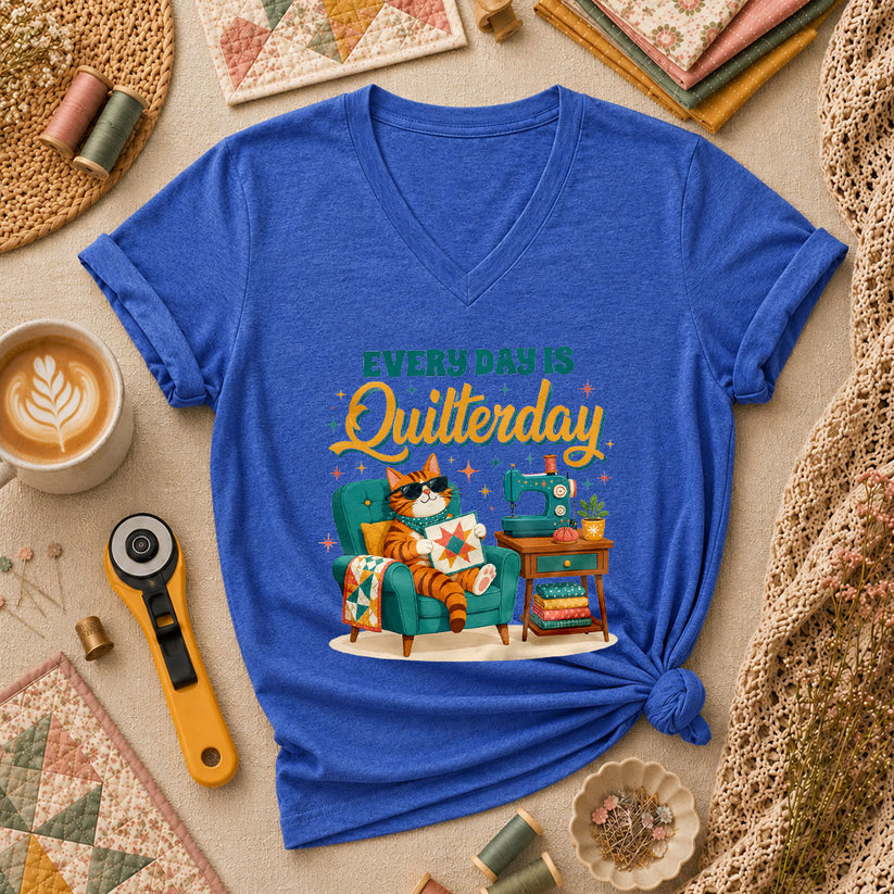 Every Day Is Quilterday Cat Sewing Machine Women's V-Neck - Heather True Royal