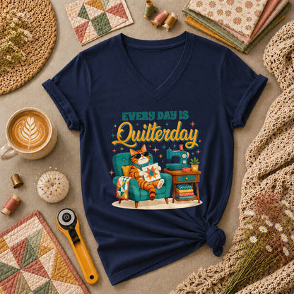 Every Day Is Quilterday Cat Sewing Machine Women's V-Neck - Navy