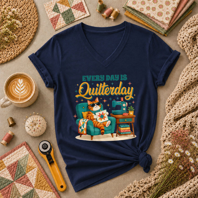 Every Day Is Quilterday Cat Sewing Machine Women's V-Neck - Navy