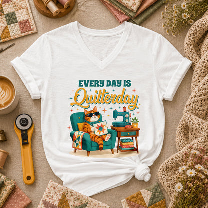 Every Day Is Quilterday Cat Sewing Machine Women's V-Neck - White
