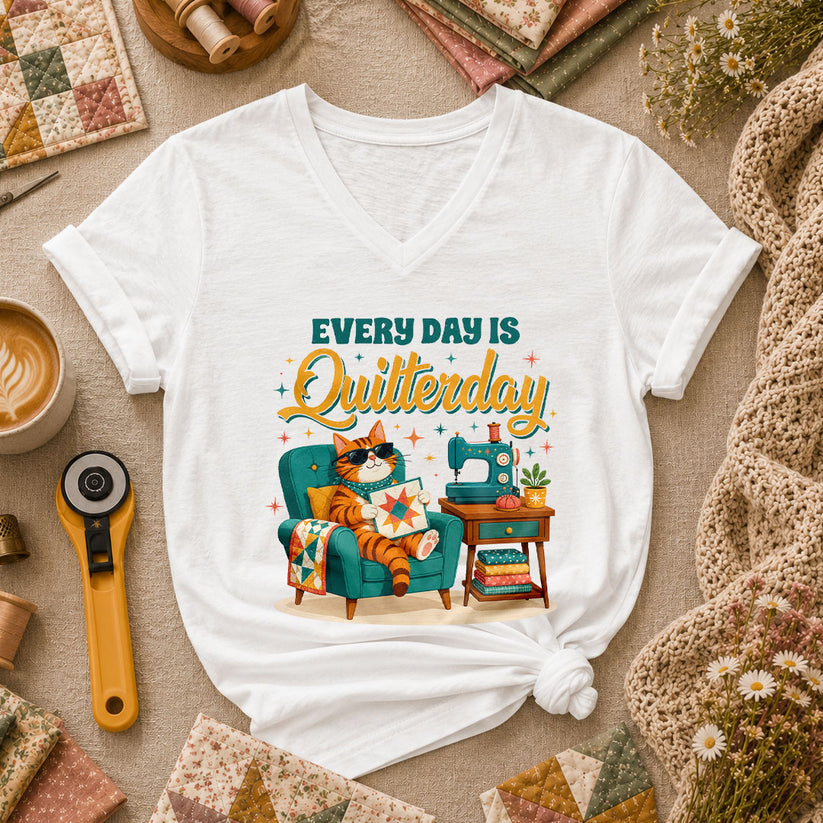 Every Day Is Quilterday Cat Sewing Machine Women's V-Neck - White