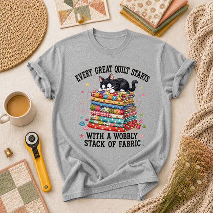 Every Great Quilt Starts With Wobbly Stack Of Fabric Cat T-Shirt - Athletic Heather