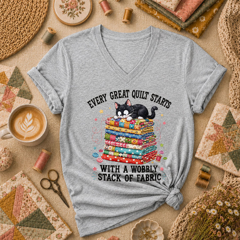 Every Great Quilt Starts With Wobbly Stack Of Fabric Cat Women's V-Neck - Athletic Heather