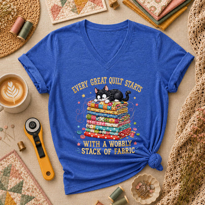 Every Great Quilt Starts With Wobbly Stack Of Fabric Cat Women's V-Neck - Heather True Royal
