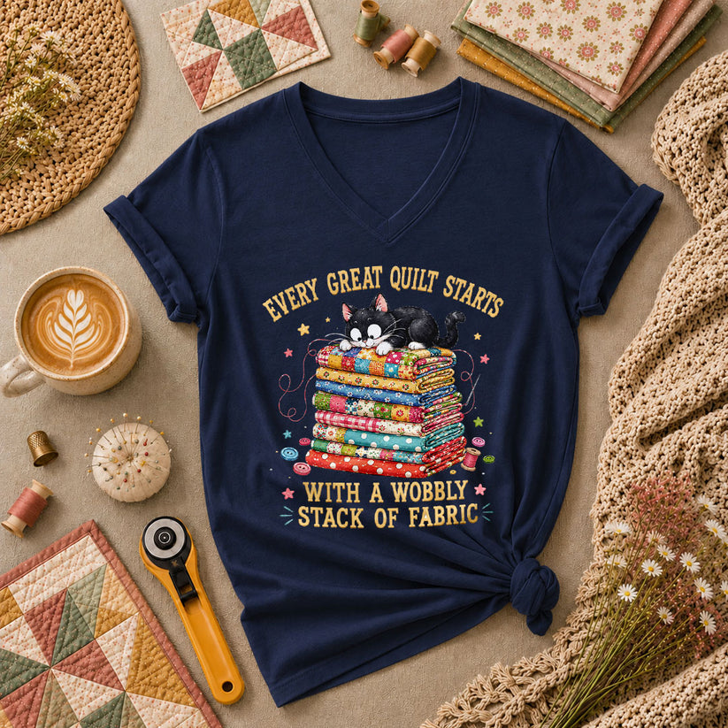 Every Great Quilt Starts With Wobbly Stack Of Fabric Cat Women's V-Neck - Navy