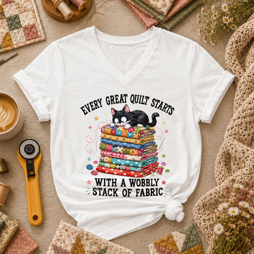 Every Great Quilt Starts With Wobbly Stack Of Fabric Cat Women's V-Neck - White