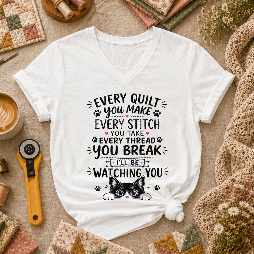 Every Quilt You Make Every Stitch You Take Ill Be Watching You Cat Women's V-Neck - White