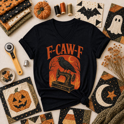 F-Caw-F Raven Halloween Quilter Women's V-Neck - Black