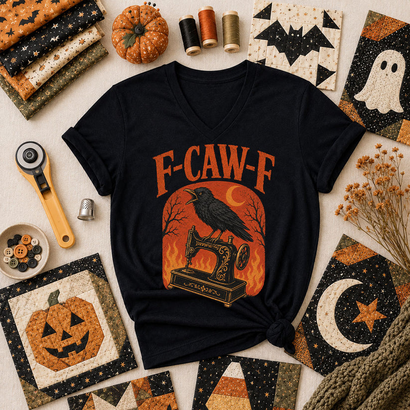 F-Caw-F Raven Halloween Quilter Women's V-Neck - Black