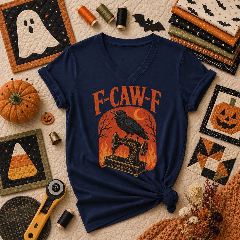 F-Caw-F Raven Halloween Quilter Women's V-Neck - Navy