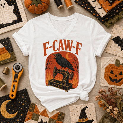 F-Caw-F Raven Halloween Quilter Women's V-Neck - White