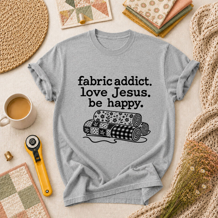 Fabric Addict Love Jesus Be Happy T-Shirt - Athletic Heather