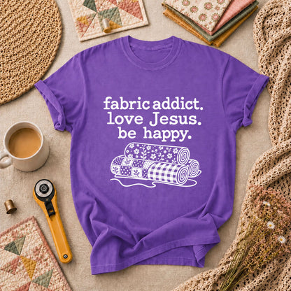 Fabric Addict Love Jesus Be Happy T-Shirt - Heather Team Purple