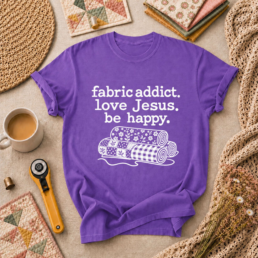Fabric Addict Love Jesus Be Happy T-Shirt - Heather Team Purple