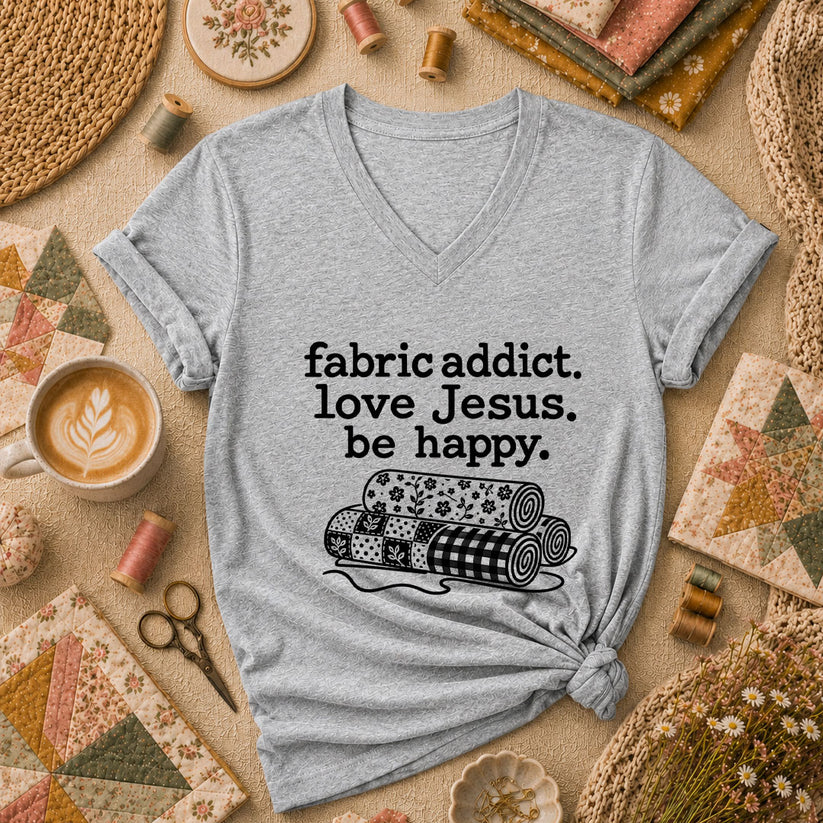 Fabric Addict Love Jesus Be Happy Women's V-Neck - Athletic Heather