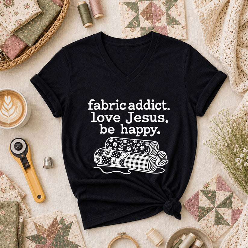 Fabric Addict Love Jesus Be Happy Women's V-Neck - Black