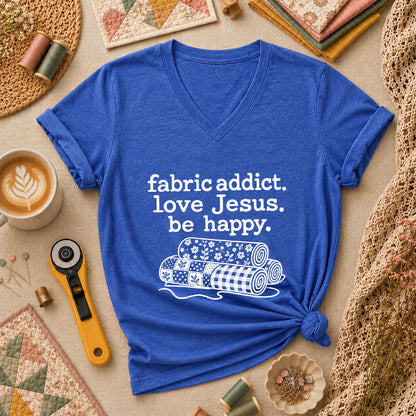 Fabric Addict Love Jesus Be Happy Women's V-Neck - Heather True Royal