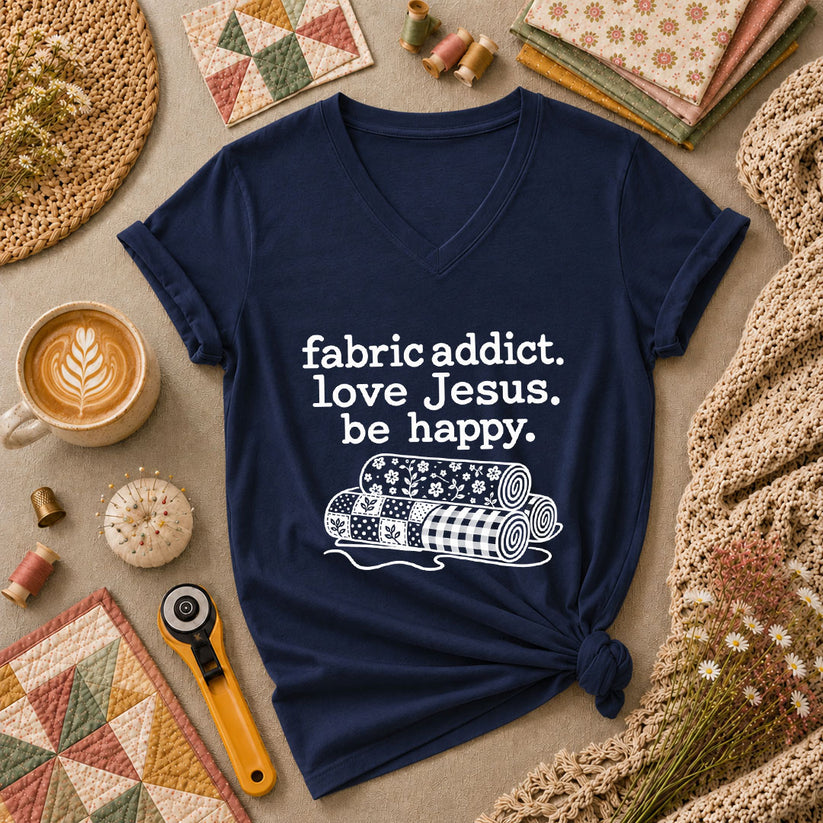 Fabric Addict Love Jesus Be Happy Women's V-Neck - Navy
