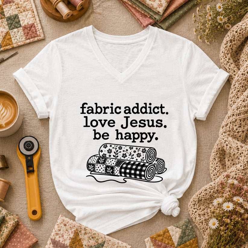Fabric Addict Love Jesus Be Happy Women's V-Neck - White