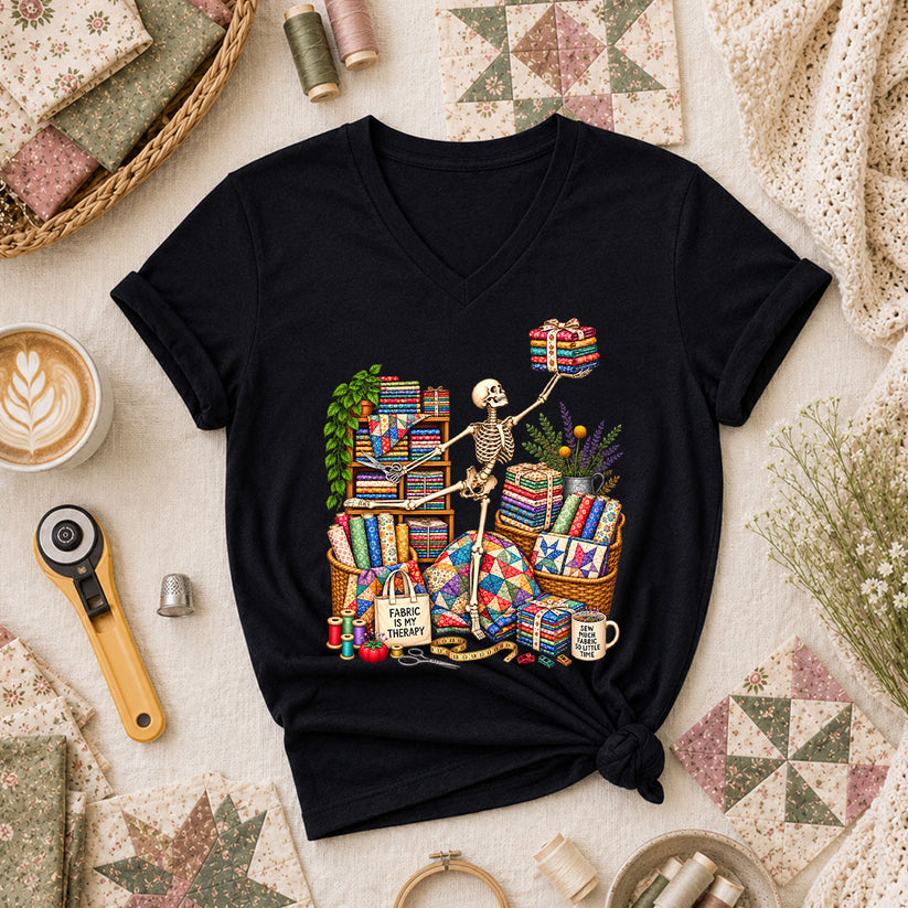 Fabric Is My Therapy Skeleton Women's V-Neck - Black