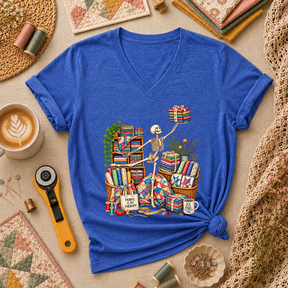 Fabric Is My Therapy Skeleton Women's V-Neck - Heather True Royal
