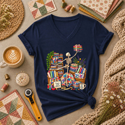 Fabric Is My Therapy Skeleton Women's V-Neck - Navy