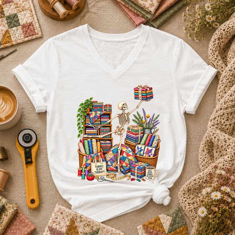 Fabric Is My Therapy Skeleton Women's V-Neck - White