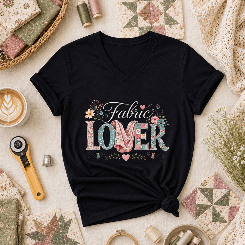 Fabric Lover Floral Patchwork Letters Women's V-Neck - Black