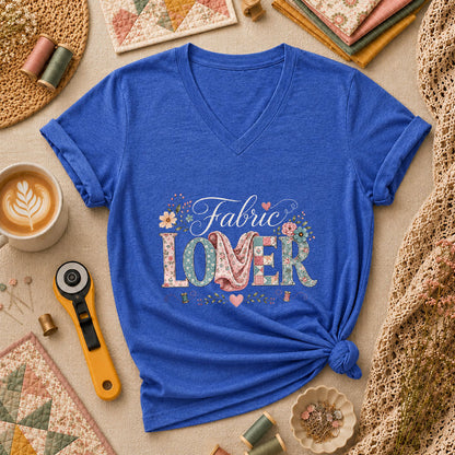 Fabric Lover Floral Patchwork Letters Women's V-Neck - Heather True Royal