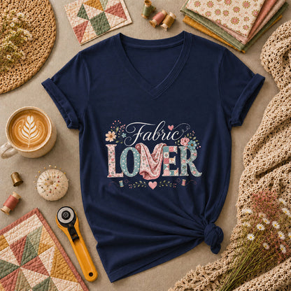 Fabric Lover Floral Patchwork Letters Women's V-Neck - Navy