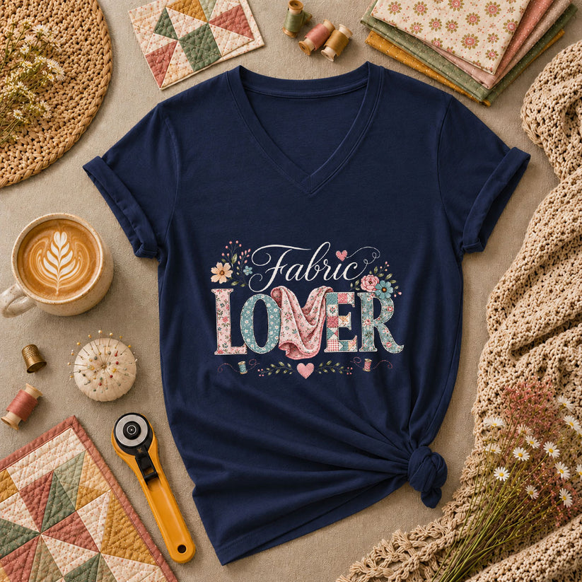 Fabric Lover Floral Patchwork Letters Women's V-Neck - Navy