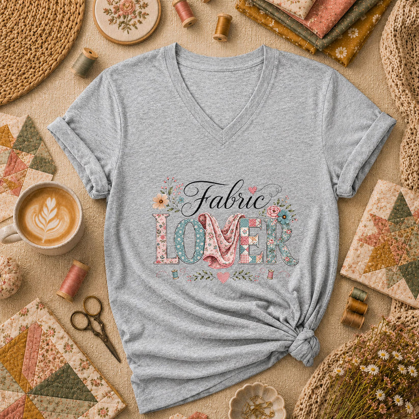 Fabric Lover Floral Patchwork Letters Women's V-Neck - Sport Grey