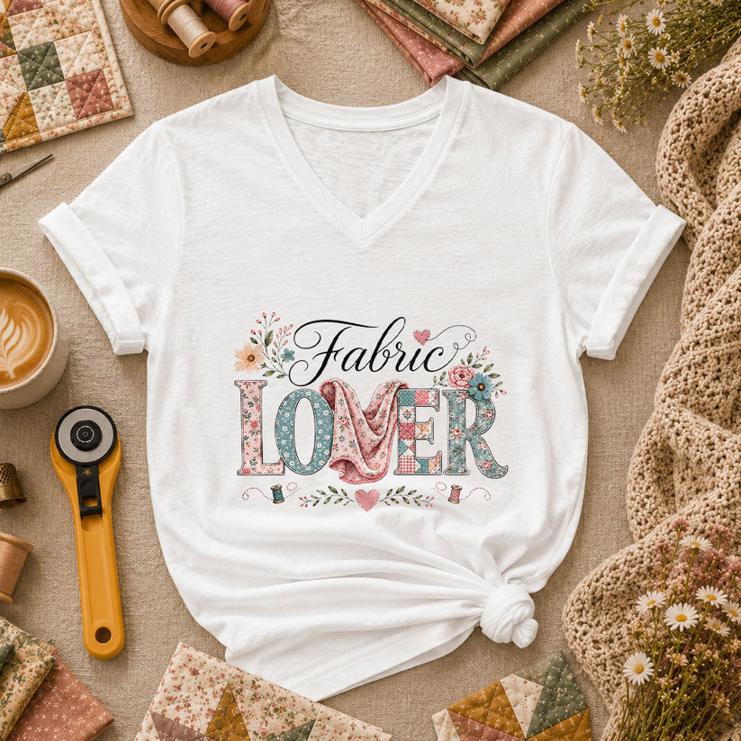 Fabric Lover Floral Patchwork Letters Women's V-Neck - White