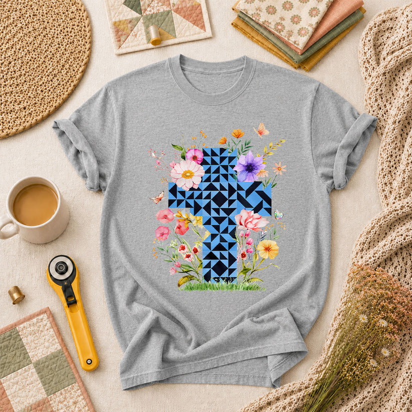 Faith Cross Quilt Blocks Wildflowers Butterfly T-Shirt - Athletic Heather