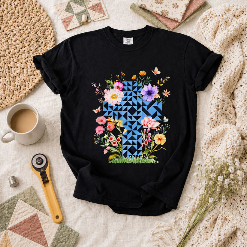 Faith Cross Quilt Blocks Wildflowers Butterfly T-Shirt - Black