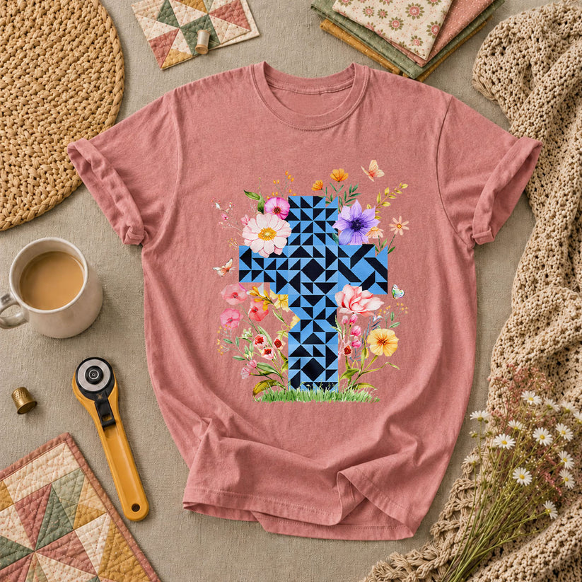 Faith Cross Quilt Blocks Wildflowers Butterfly T-Shirt - Heather Mauve