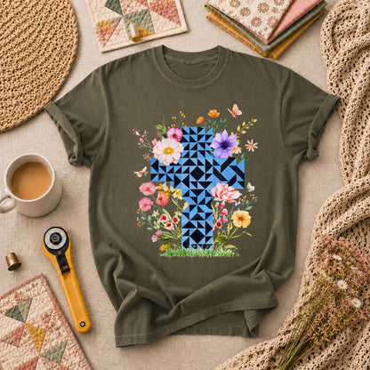 Faith Cross Quilt Blocks Wildflowers Butterfly T-Shirt - Military Green
