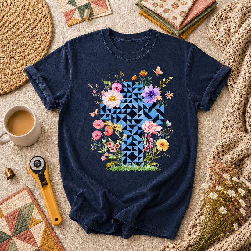 Faith Cross Quilt Blocks Wildflowers Butterfly T-Shirt - Navy