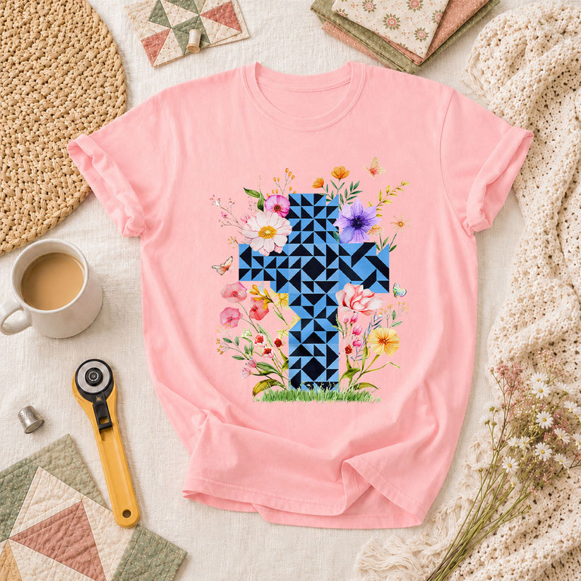 Faith Cross Quilt Blocks Wildflowers Butterfly T-Shirt - Pink