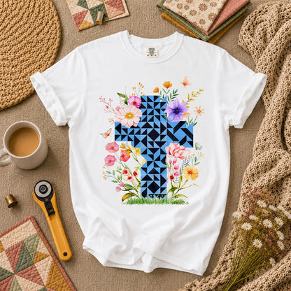 Faith Cross Quilt Blocks Wildflowers Butterfly T-Shirt - White