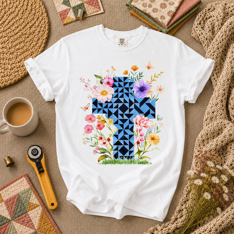 Faith Cross Quilt Blocks Wildflowers Butterfly T-Shirt - White